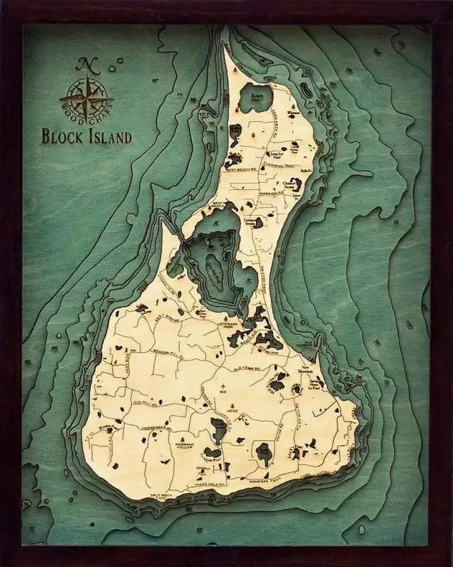 Block Island, RI 3D Nautical Wood Chart - Dark Frame