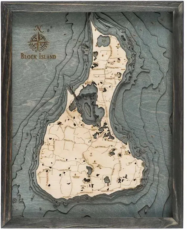 Block Island, RI 3D Nautical Wood Chart - Gray Frame