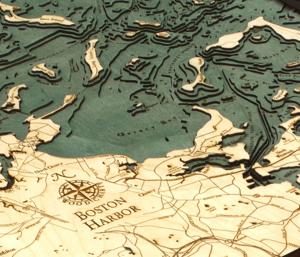 Boston Harbor, MA 3D Nautical Wood Chart - Dark Frame Detail (Quincy Bay)