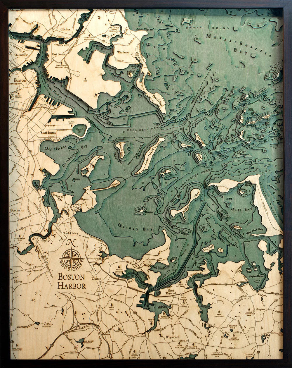 Boston Harbor, MA 3D Nautical Wood Chart - Dark Frame