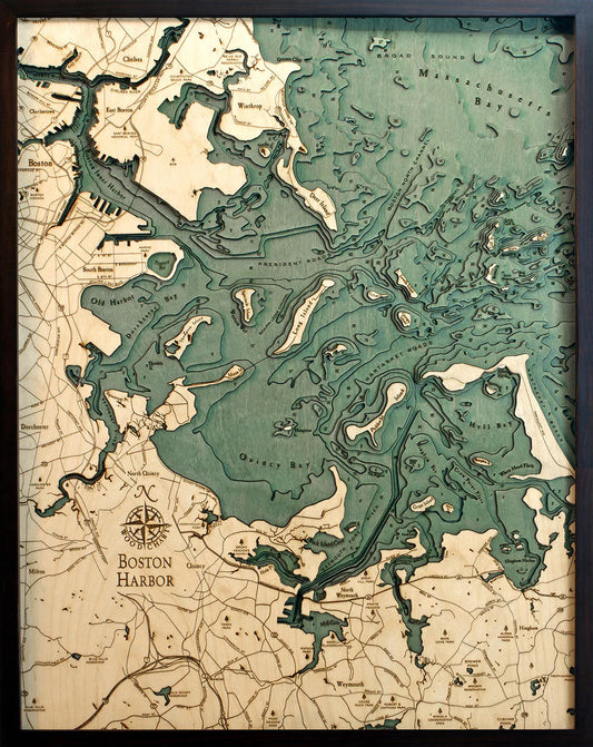 Boston Harbor, MA 3D Nautical Wood Chart - Dark Frame