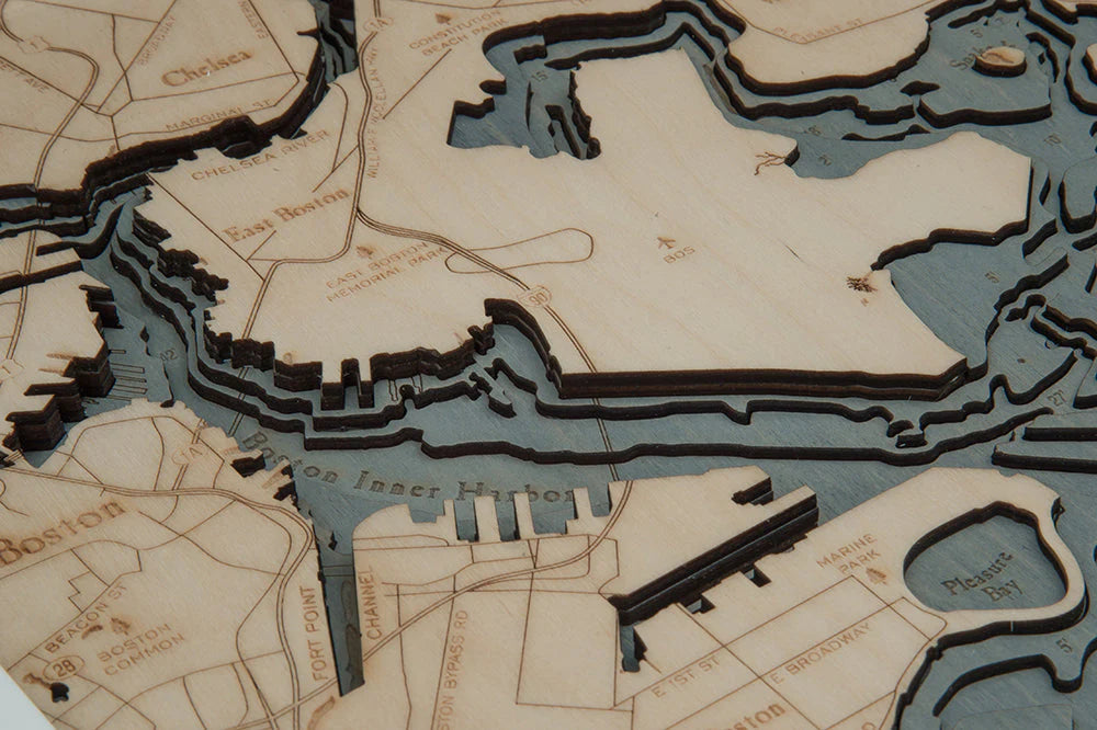 Boston Harbor, MA 3D Nautical Wood Chart - Gray Frame Detail (Boston Inner Harbor)