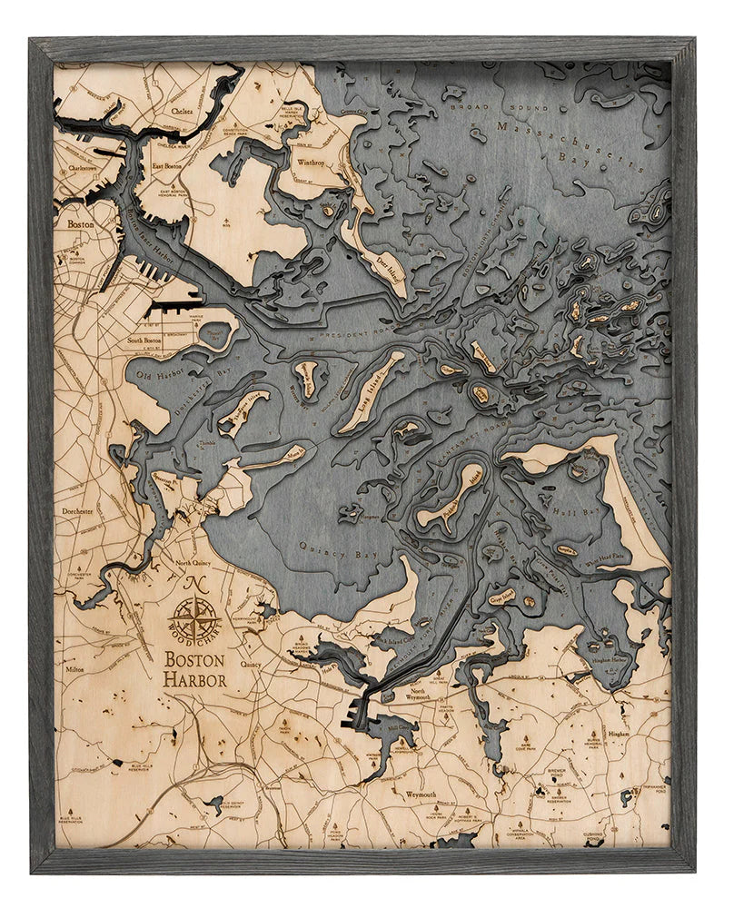 Boston Harbor, MA 3D Nautical Wood Chart - Gray Frame