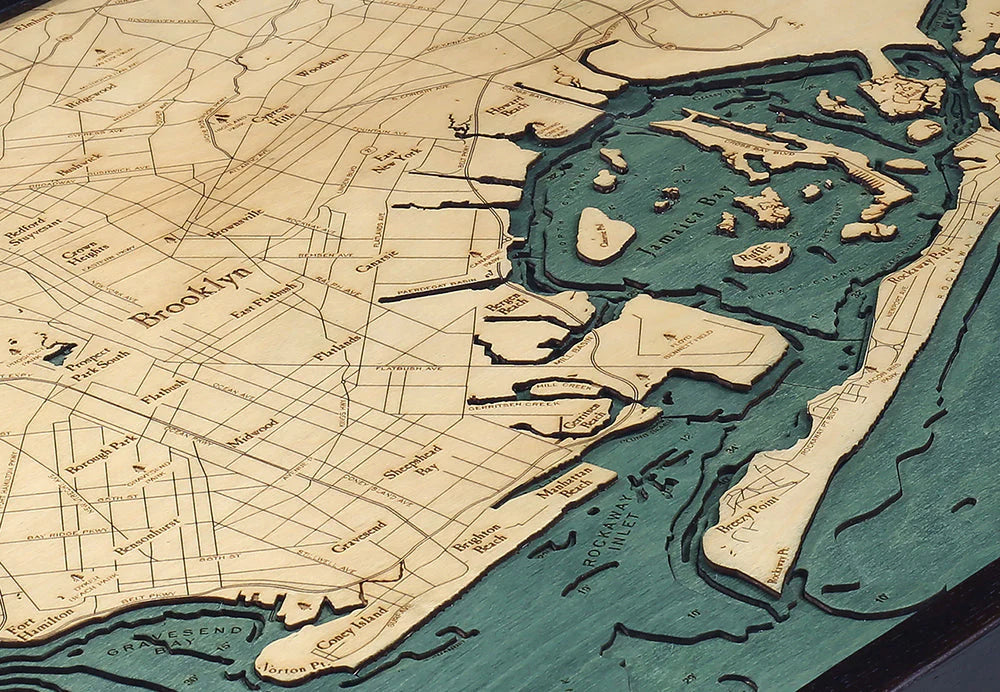 Brooklyn, NY 3D Nautical Wood Chart - Dark Frame Detail (Jamaica Bay)