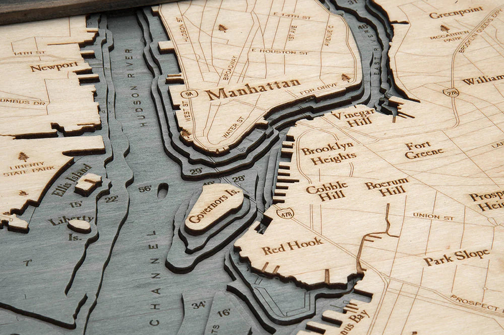 Brooklyn, NY 3D Nautical Wood Chart - Gray Frame Detail (Manhattan)