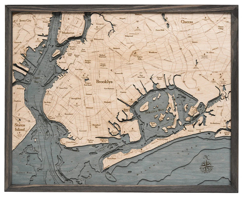 Brooklyn, NY 3D Nautical Wood Chart - Gray Frame
