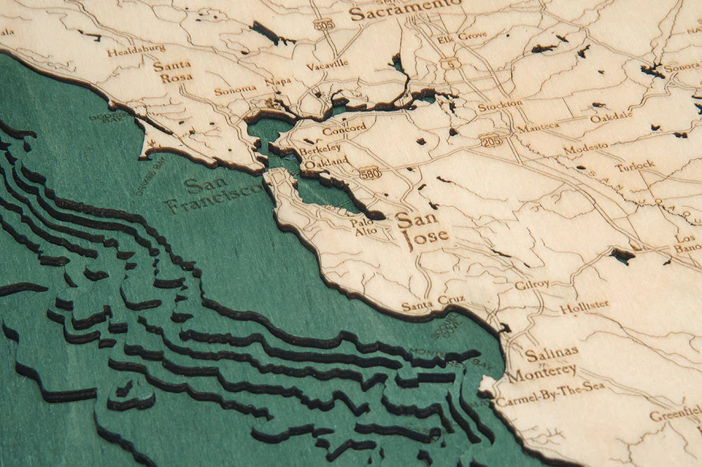 California Coast 3D Nautical Wood Chart - Dark Frame Detail (San Francisco)
