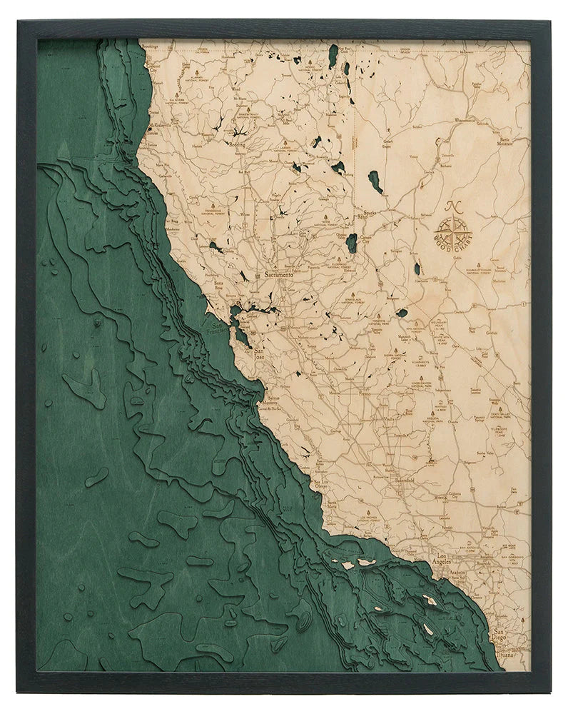 California Coast 3D Nautical Wood Chart - Dark Frame