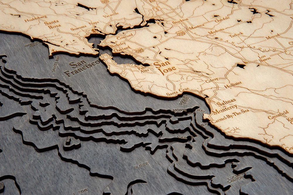 California Coast 3D Nautical Wood Chart - Gray Frame Detail (San Francisco)