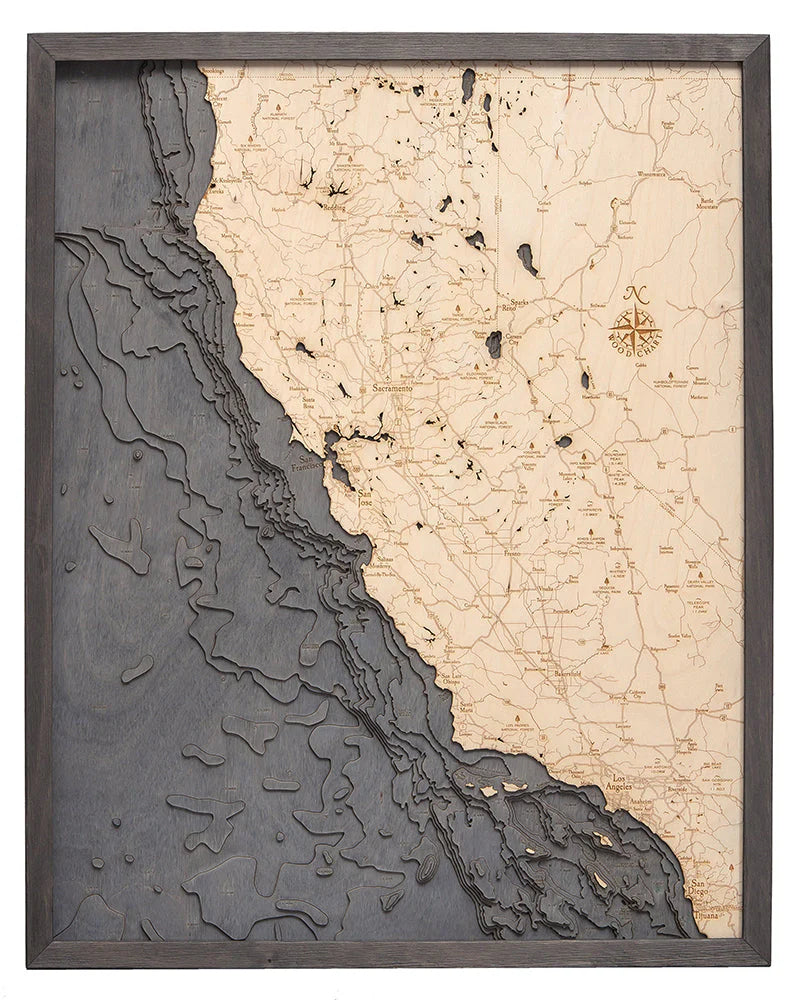 California Coast 3D Nautical Wood Chart - Gray Frame