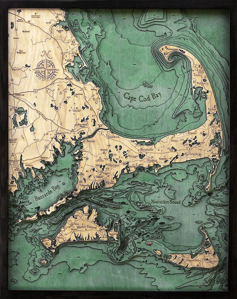 Cape Cod, MA 3D Nautical Wood Chart (Lrg) - Dark Frame