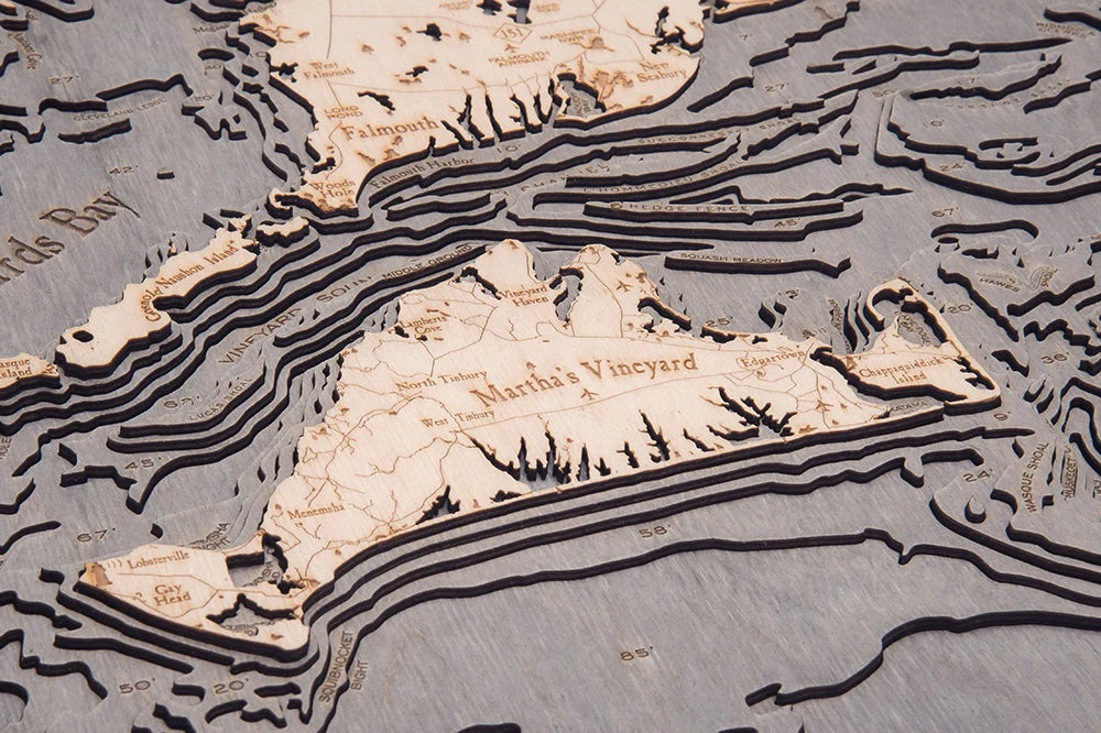 Cape Cod, MA 3D Nautical Wood Chart (Lrg) - Gray Frame Detail (Martha's Vineyard)