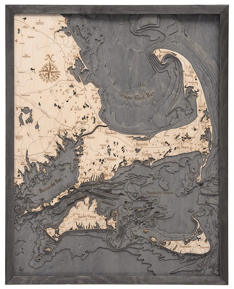 Cape Cod, MA 3D Nautical Wood Chart (Lrg) - Gray Frame