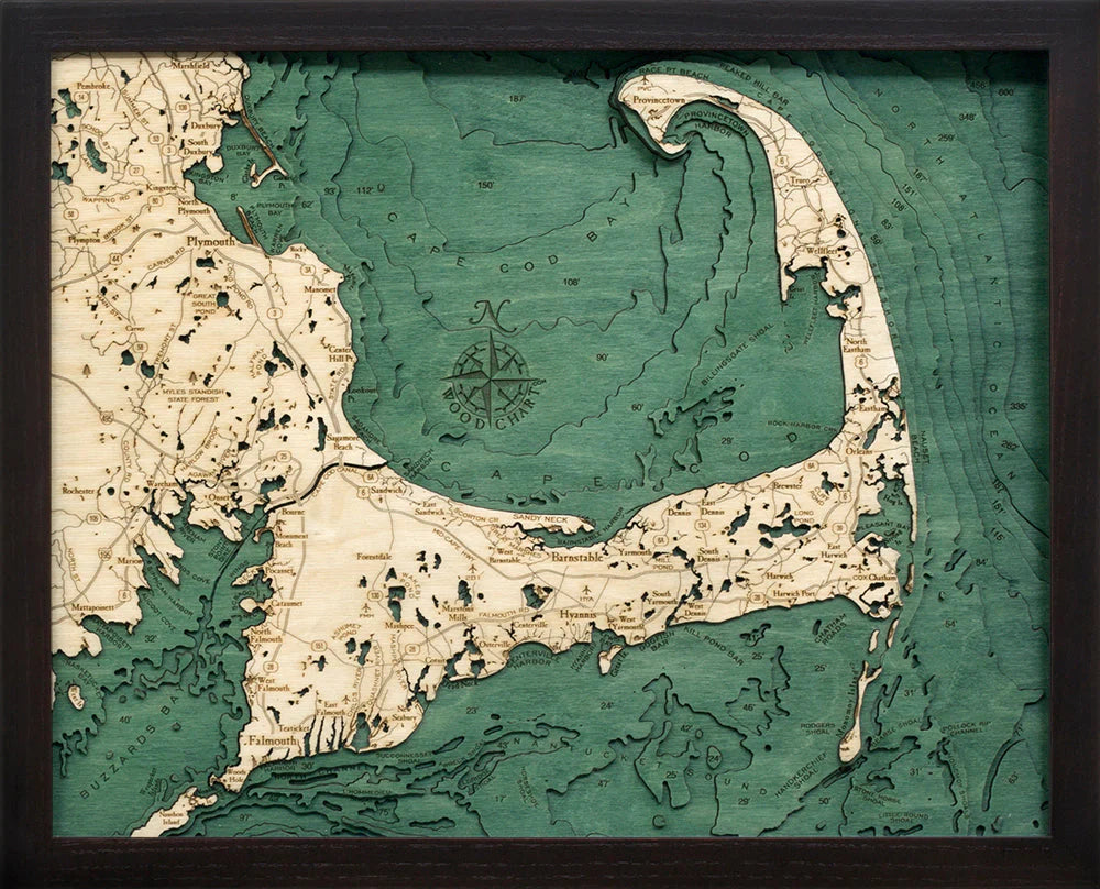 Cape Cod, MA 3D Nautical Wood Chart (small) - Dark Frame