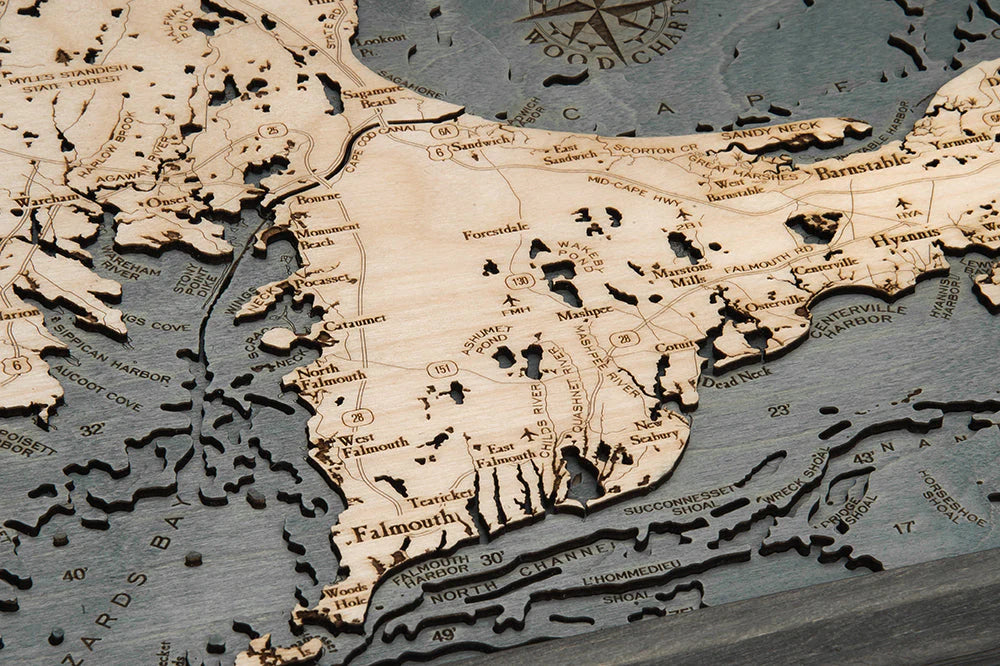 Cape Cod, MA 3D Nautical Wood Chart (small) - Gray Frame Detail (Falmouth)
