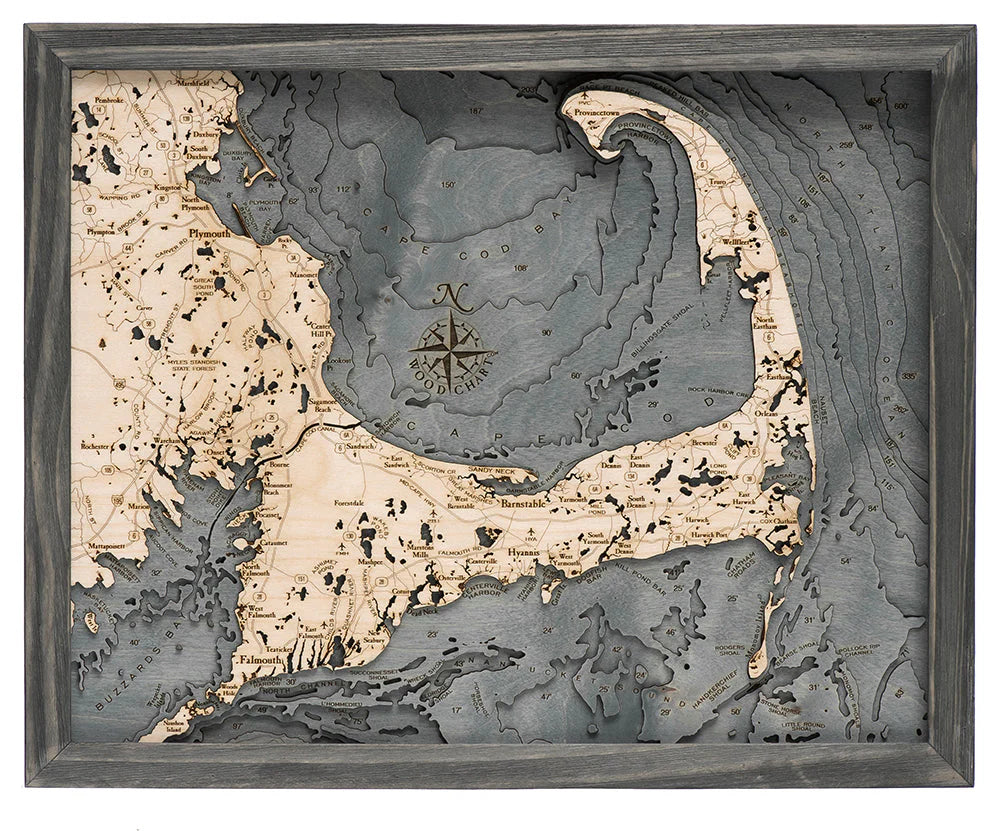 Cape Cod, MA 3D Nautical Wood Chart (small) - Gray Frame