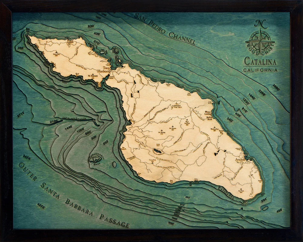 Catalina Island, CA 3D Nautical Wood Chart - Dark Frame