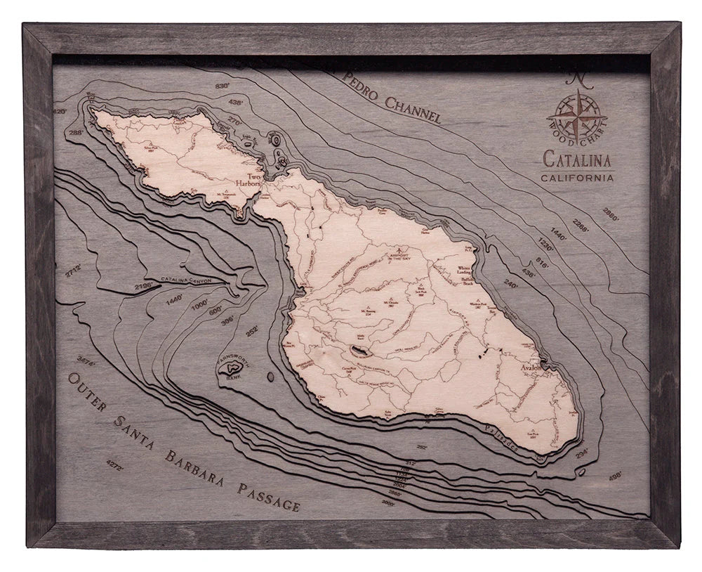 Catalina Island, CA 3D Nautical Wood Chart - Gray Frame