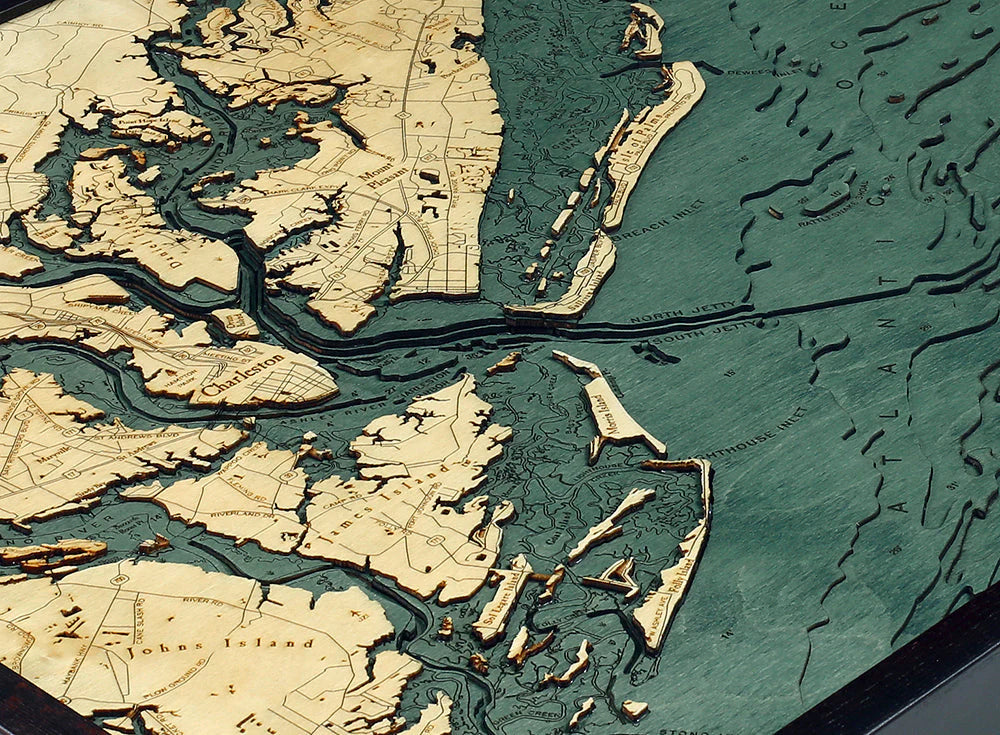 Charleston, SC 3D Nautical Wood Chart - Dark Frame Detail