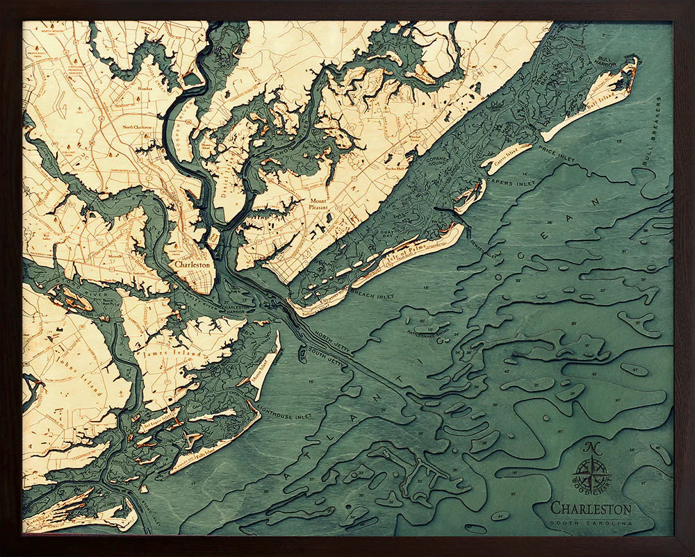 Charleston, SC 3D Nautical Wood Chart - Dark Frame