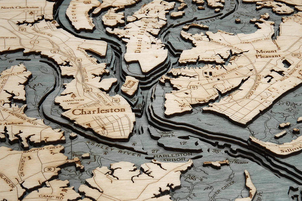 Charleston, SC 3D Nautical Wood Chart - Gray Frame Detail
