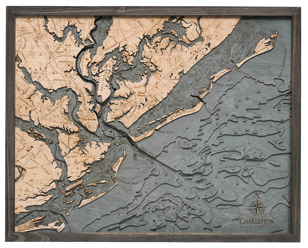 Charleston, SC 3D Nautical Wood Chart - Gray Frame