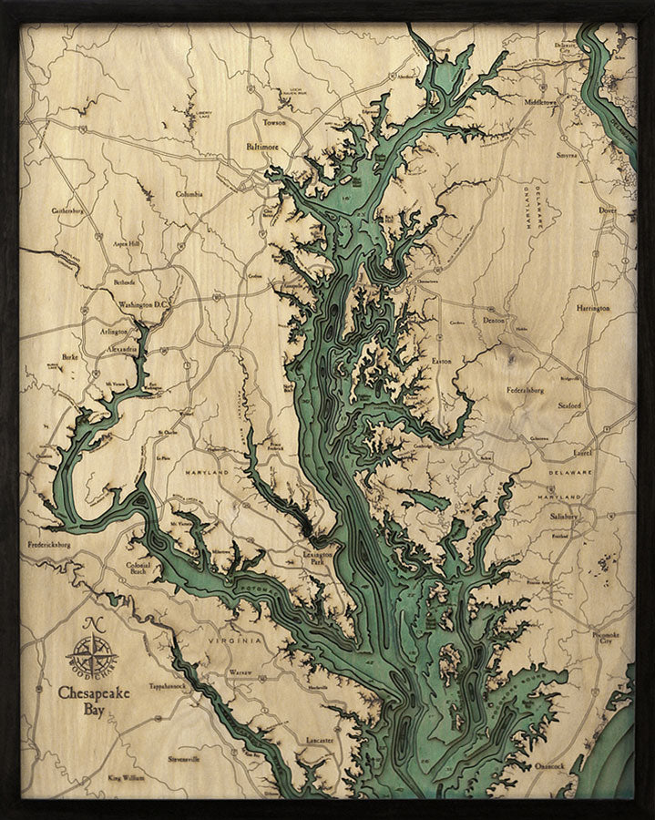 Chesapeake Bay 3D Nautical Wood Chart - Dark Frame