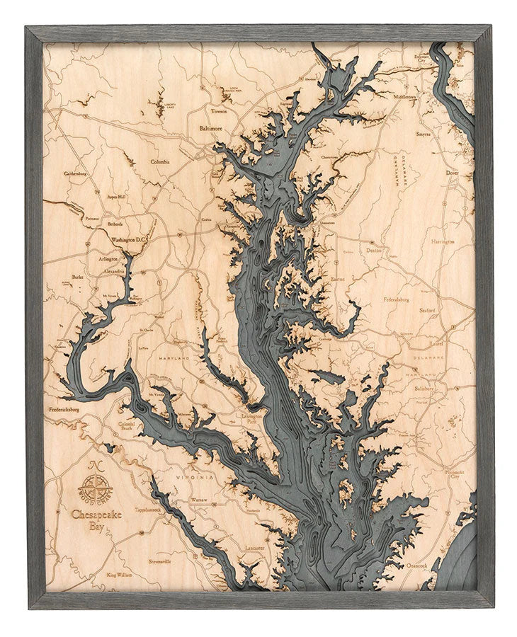 Chesapeake Bay 3D Nautical Wood Chart - Gray Frame