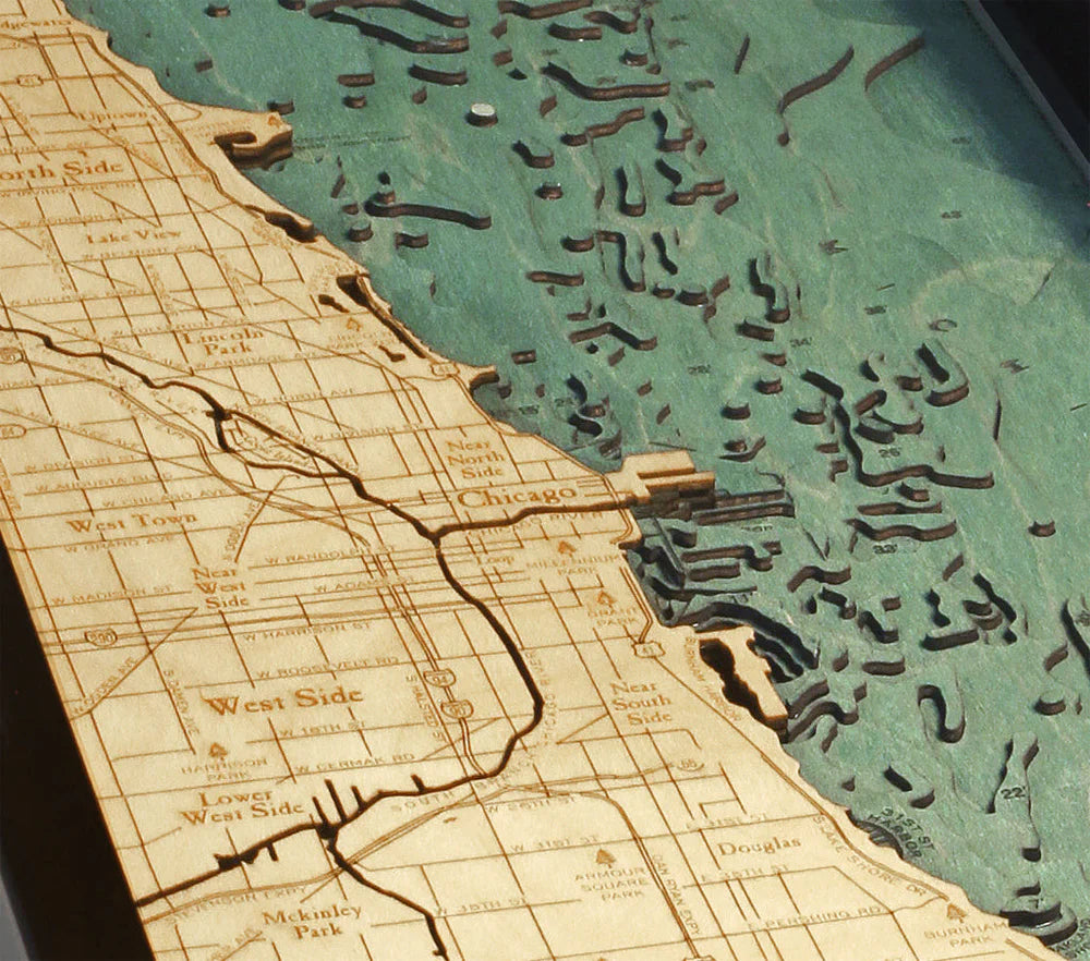 Chicago, IL 3D Nautical Wood Chart - Dark Frame Detail