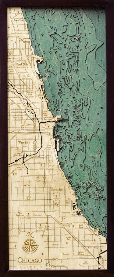 Chicago, IL 3D Nautical Wood Chart - Dark Frame