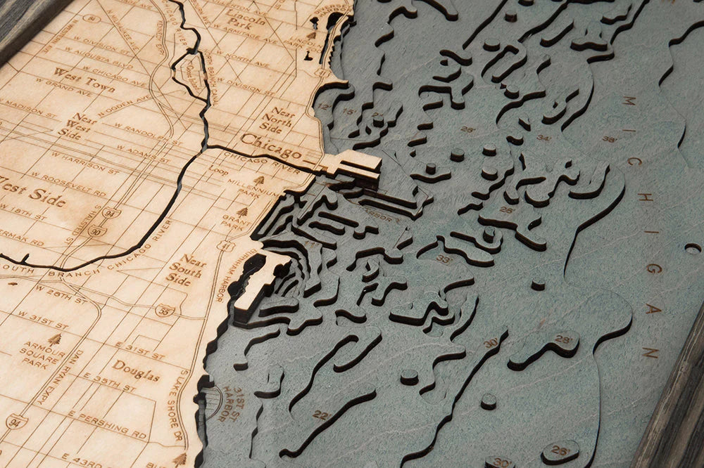 Chicago, IL 3D Nautical Wood Chart - Gray Frame Detail