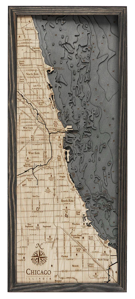 Chicago, IL 3D Nautical Wood Chart - Gray Frame
