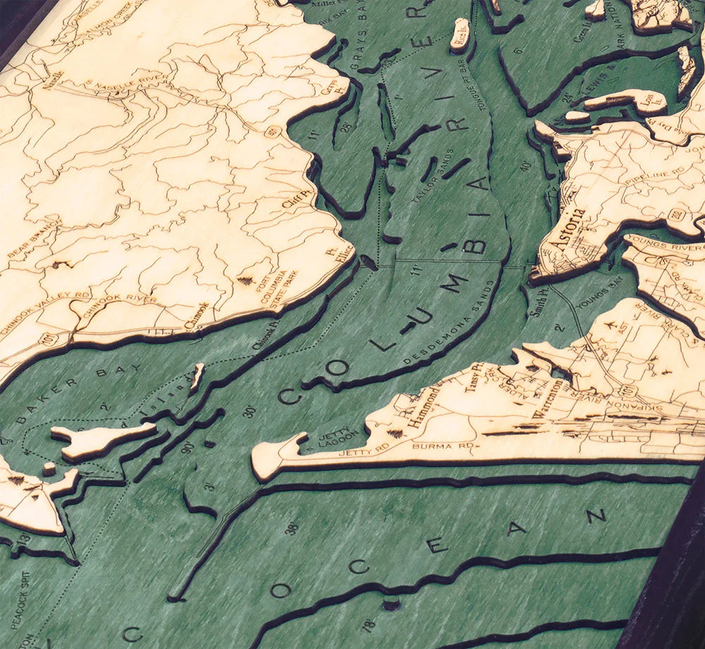 Columbia River Mouth 3D Nautical Wood Chart - Dark Frame (Astoria Detail)