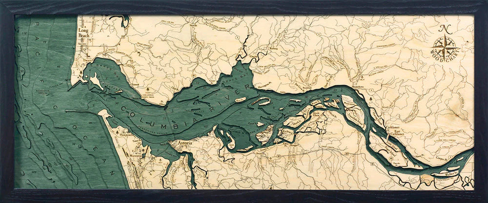 Columbia River Mouth 3D Nautical Wood Chart - Dark Frame