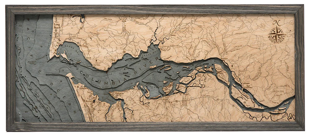 Columbia River Mouth 3D Nautical Wood Chart - Gray Frame
