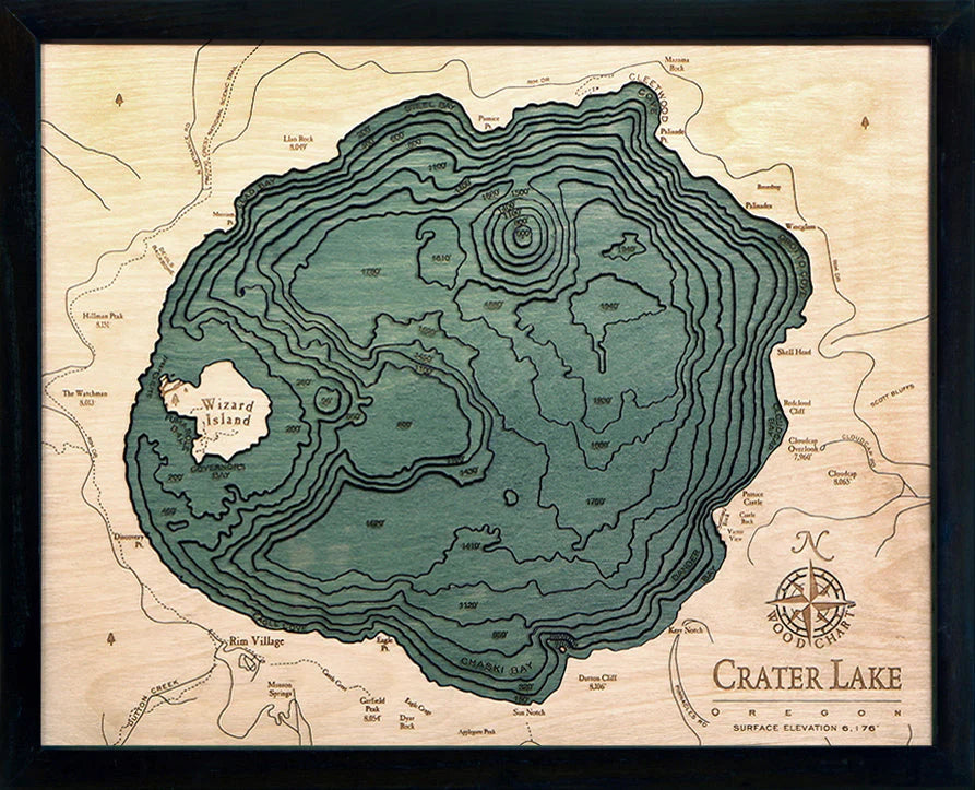 Crater Lake, OR 3D Nautical Wood Chart - Dark Frame