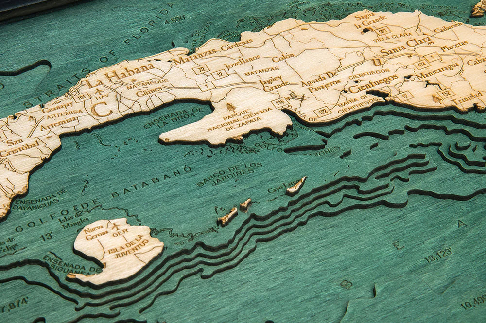 Cuba 3D Nautical Wood Chart - Dark Frame Detail