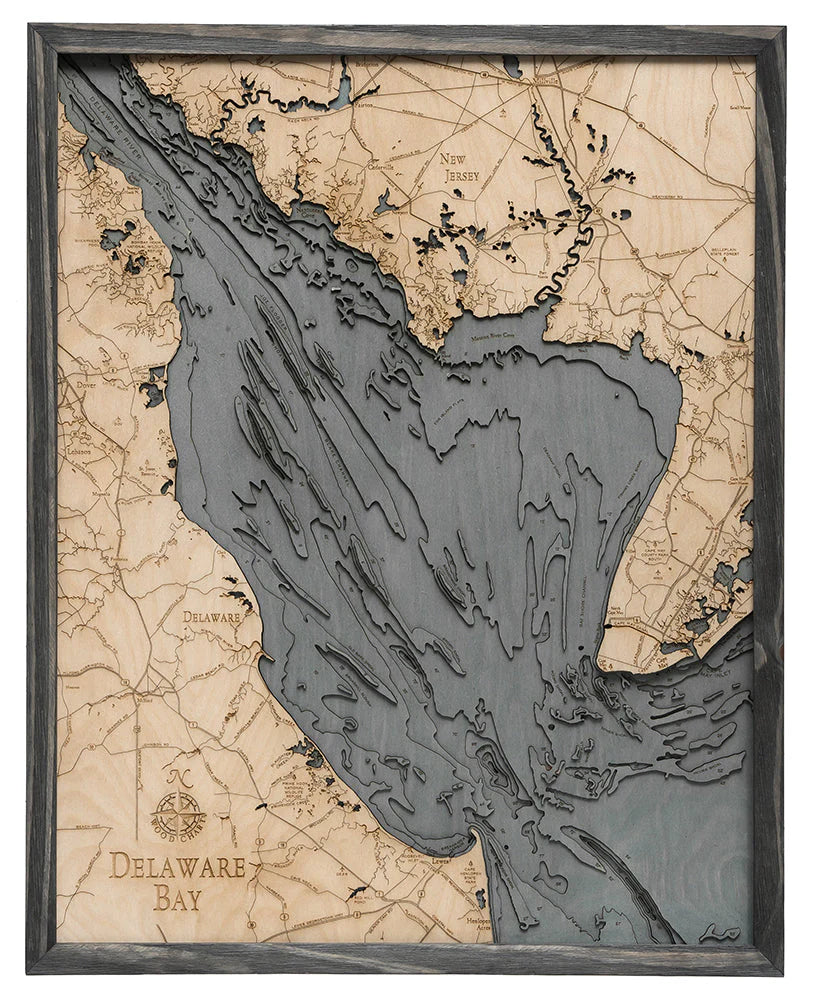 Delaware Bay 3D Nautical Wood Chart - Gray Frame