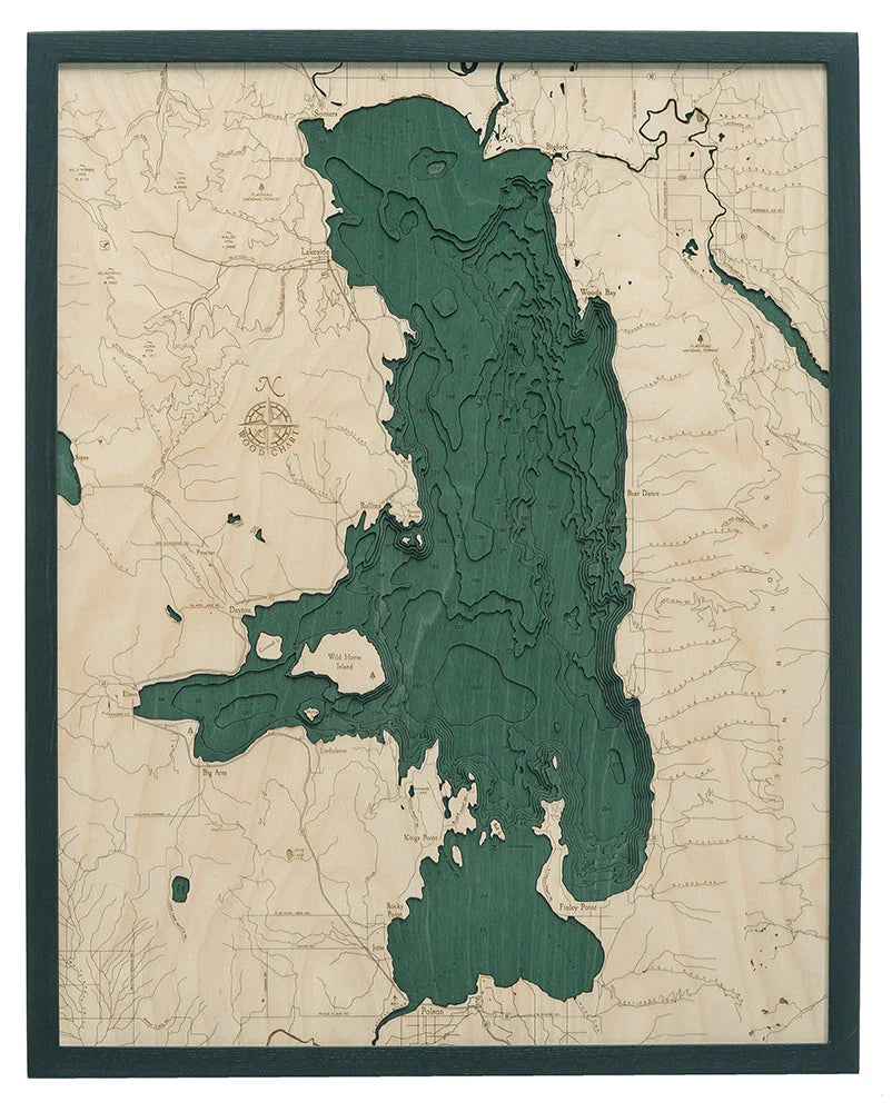 Flathead Lake, MT 3D Nautical Wood Chart - Dark Frame