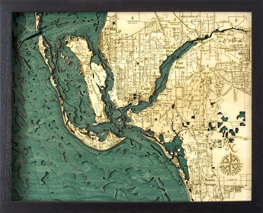 Cape Coral, FL 3D Nautical Wood Chart - Dark Frame