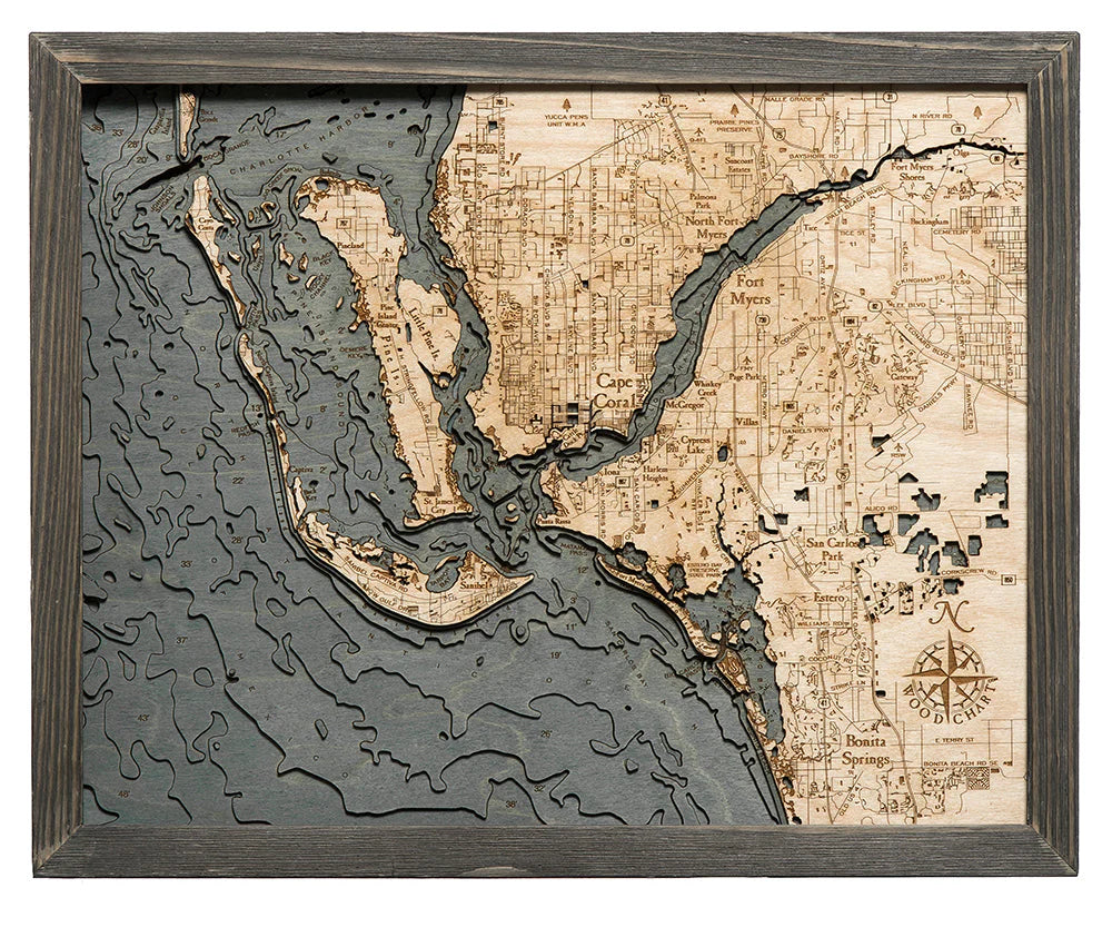 Cape Coral, FL 3D Nautical Wood Chart - Gray Frame