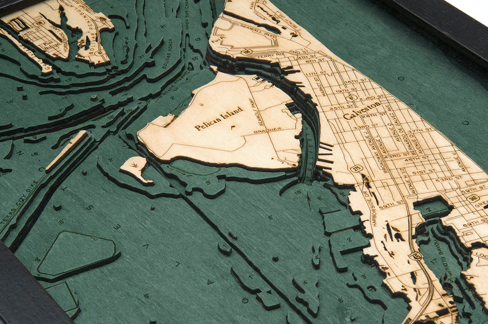 Galveston, TX 3D Nautical Wood Chart - Dark Frame Detail (Pelican Island)