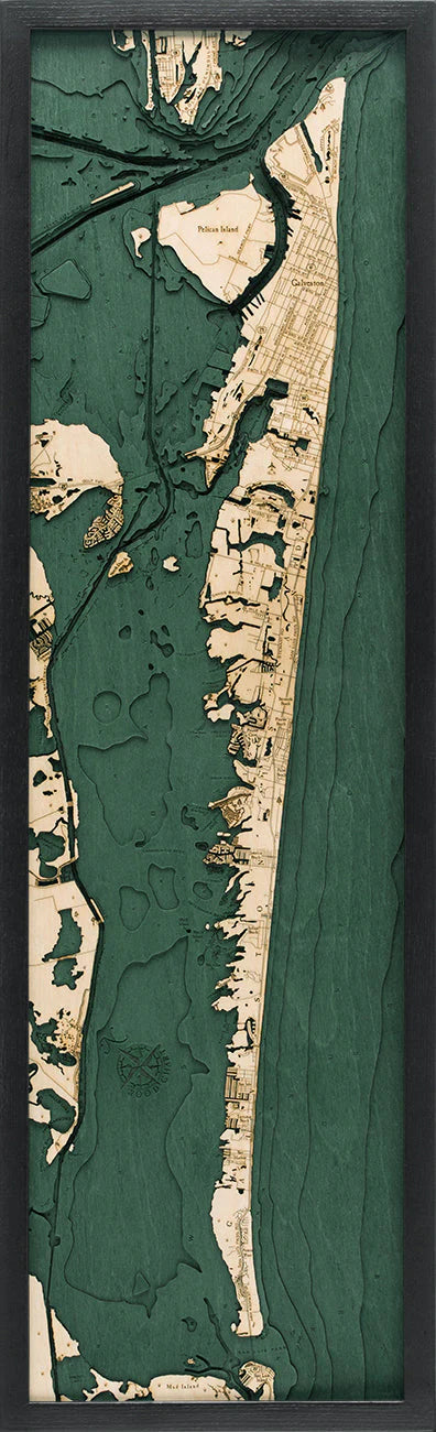 Galveston, TX 3D Nautical Wood Chart - Dark Frame