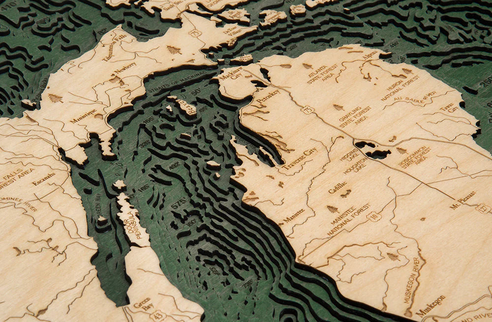 Great Lakes Region 3D Nautical Wood Chart - Large - Dark Frame Detail
