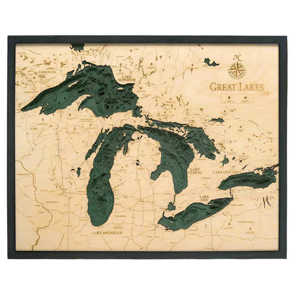 Great Lakes Region 3D Nautical Wood Chart - Large - Dark Frame