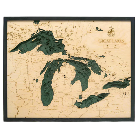 Great Lakes Region 3D Nautical Wood Chart - Large - Dark Frame