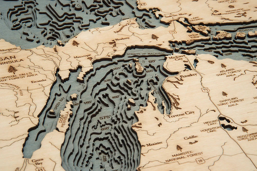 Great Lakes Region 3D Nautical Wood Chart - Large - Gray Frame Detail