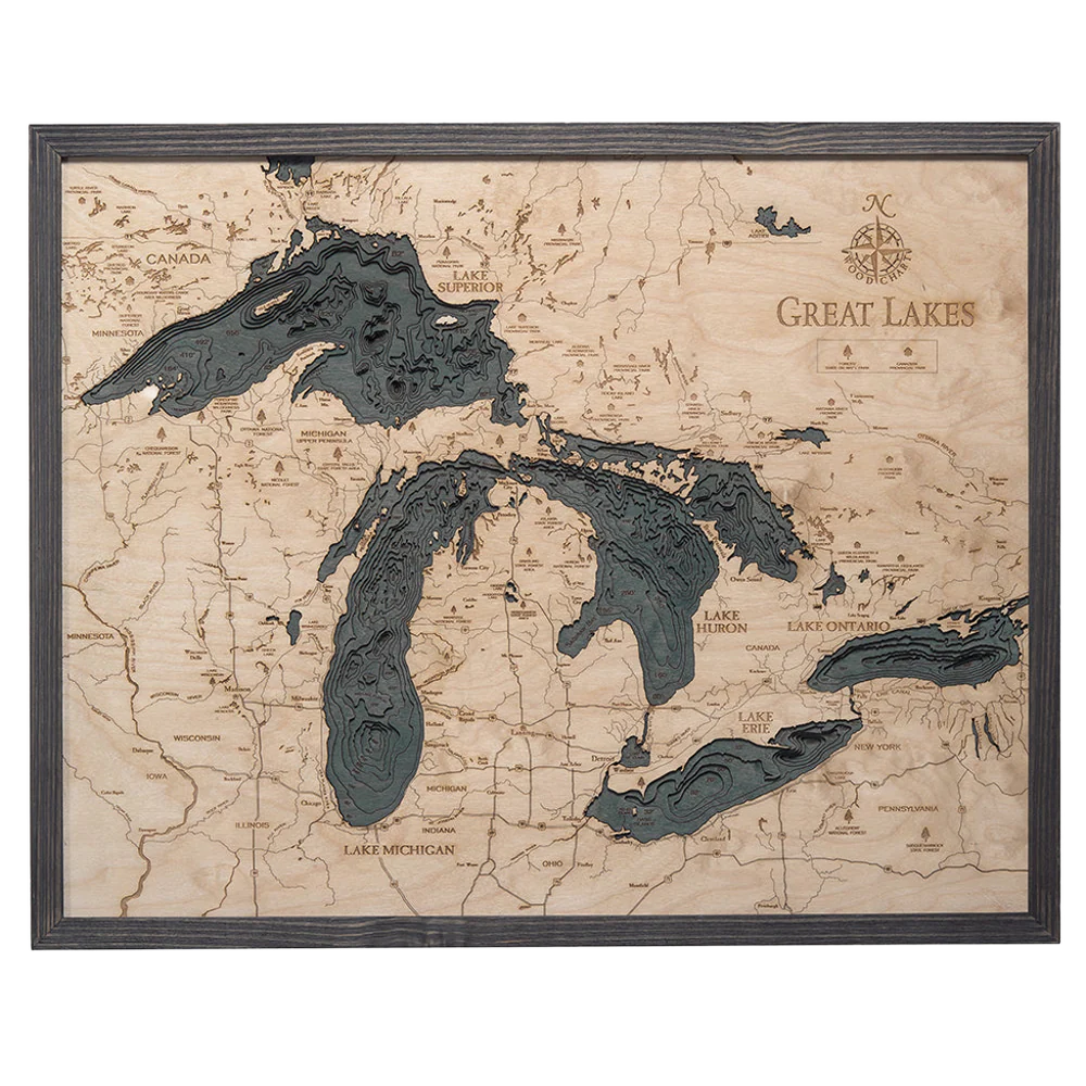 Great Lakes Region 3D Nautical Wood Chart - Large - Gray Frame