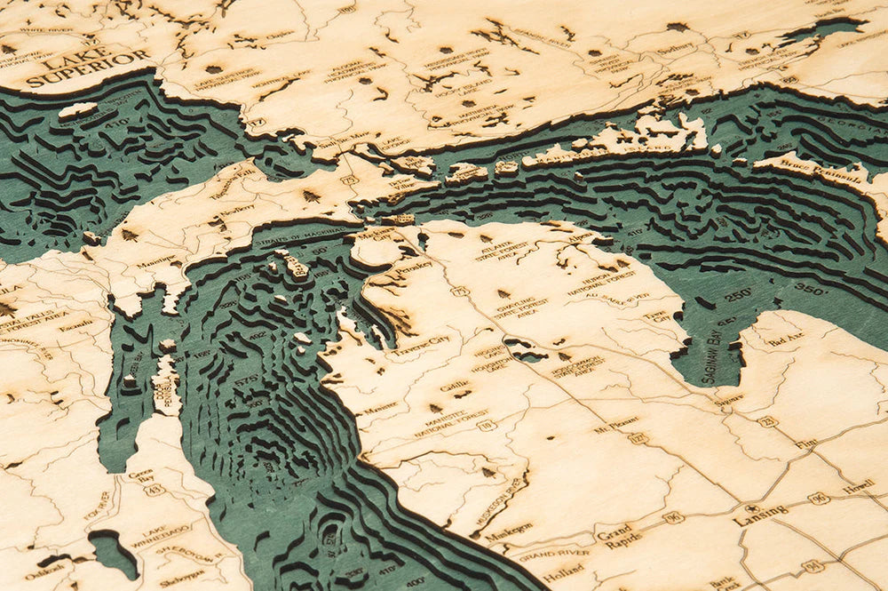 Great Lakes Region 3D Nautical Wood Chart - Small - Dark Frame Detail
