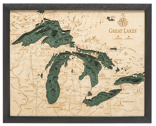 Great Lakes Region 3D Nautical Wood Chart - Small - Dark Frame